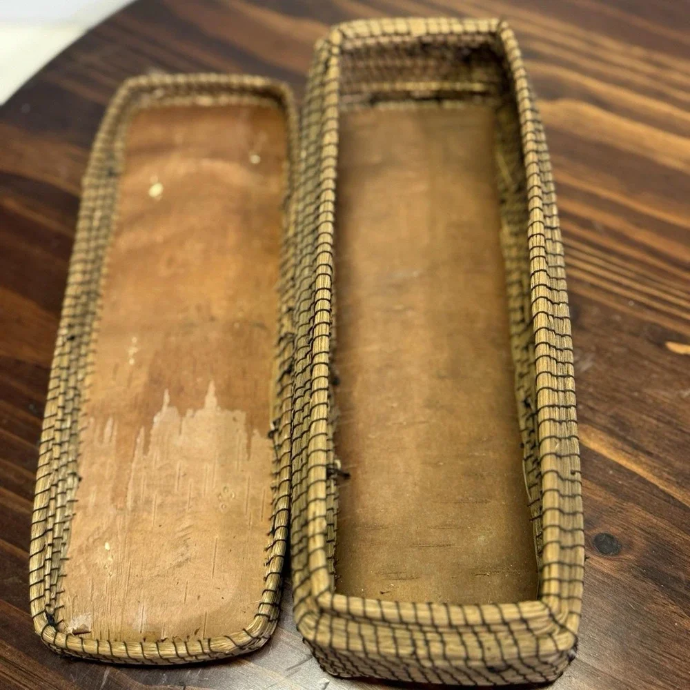 Hand Crafted North American Native Birch Bark Covered Porcupine Quill Basket 9